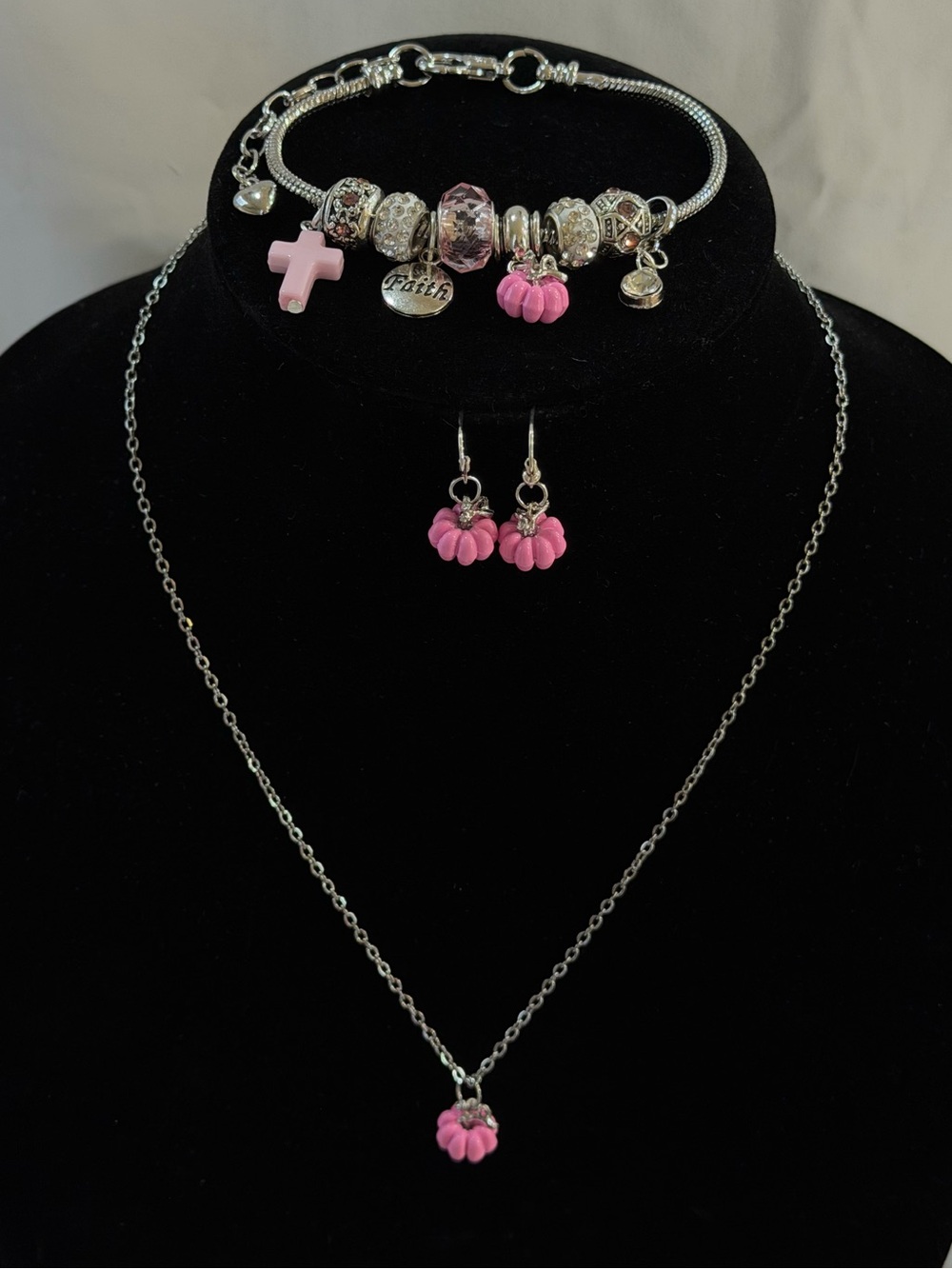 Pink Pumpkin Charm Bracelet & Necklace Set - Silver Tone